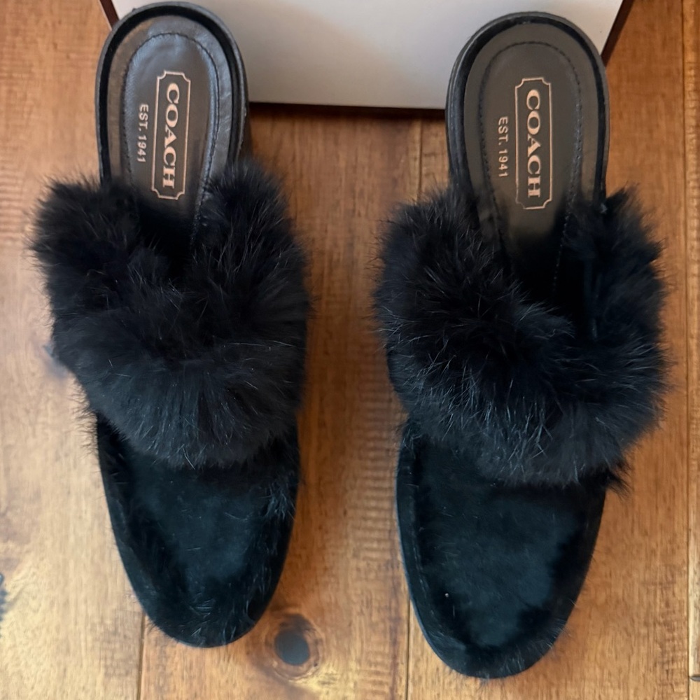 Coach Women's Black Fur Mules